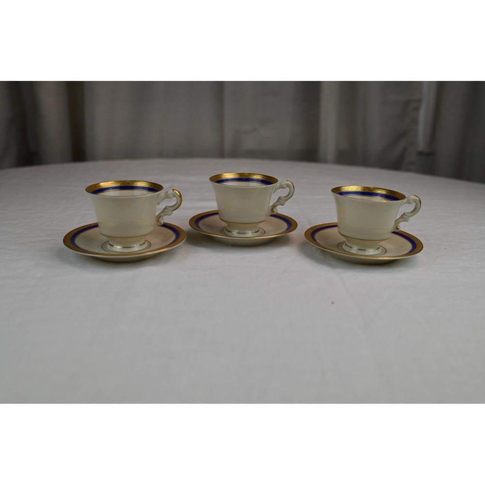 Vintage Wayne Syracuse China Tea Cups Saucers Set of 3 Blue Gold Old Ivory